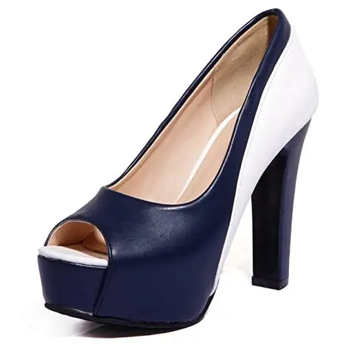 Produktbild: MJIASIAWA Damen Ohne Verschluss Mode Peep Toe Höhe Ferse Pumps Zweifarbig Mode Blockabsatz Plateau Pumps Abend Blau Gr 37 EU/38 Asiatisch