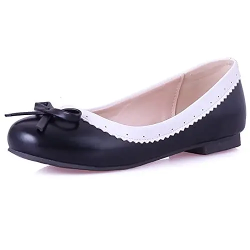 Produktbild: MJIASIAWA Damen Ohne Verschluss Walking Driving Buro Arbeit Ballerina Prom Flach Schuhe Brogue Closed Toe Hochzeit Flats Bows Schwarz Gr 40 EU/41 Asiatisch