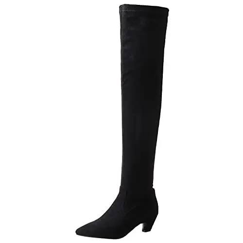Produktbild: MJIASIAWA Damen Ohne Verschluss Winter Overknees Warm Kitten Heel Stretch Stiefel Kleid Elegant Party Thigh Warm Boots Schwarz Gr 45 EU/47 Asiatisch