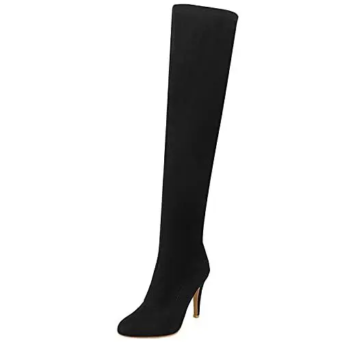 Produktbild: MJIASIAWA Damen Overknees Winter Pointed Toe Stiletto Stretch Stiefel Kleid Ohne Verschluss Abend Thigh Leopard Boots Schwarz Gr 46 EU/48 Asiatisch