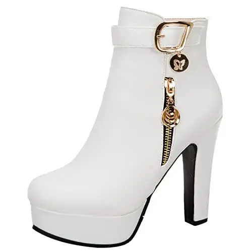 Produktbild: MJIASIAWA Damen Party Höhe Ferse Winter Plateau Mode Stiefeletten Reißverschluss Riding Warm Blockabsatz Party Runde Zehen Motorradstiefel Weiß Gr 38 EU/39 Asiatisch