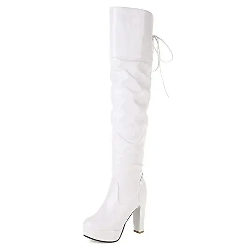 Produktbild: MJIASIAWA Damen Party Prom Overknees Lack Kleid Mode Plateau Höhe Ferse Boots Abend Warm Thigh Thigh Slouch Stiefel Weiß Gr 39 EU/40 Asiatisch