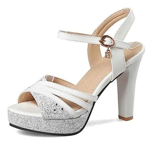 Produktbild: MJIASIAWA Damen Peep Toe Knöchelriemchen Sequins Blockabsatz Sandalen Hochzeit Plateau Sparkly Party Mode Schuhe Weiß Gr 38 EU/39 Asiatisch