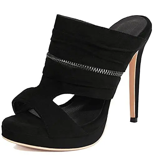 Produktbild: MJIASIAWA Damen Peep Toe Mode Pantoletten Stiletto Plateau Sandalen Ohne Verschluss Sommer Draußen Pantoffeln Elegant Party Schuhe Schwarz Gr 41 EU/43 Asiatisch