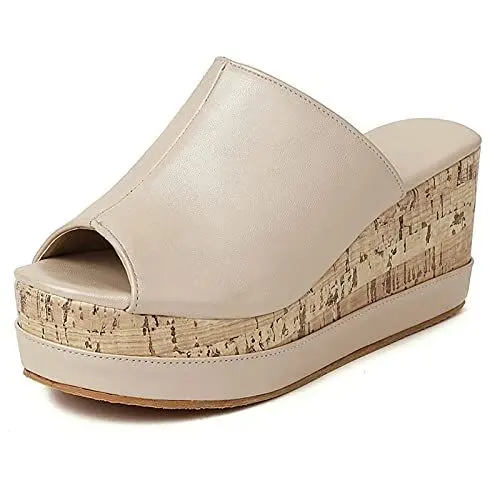 Produktbild: MJIASIAWA Damen Peep Toe Pantoffeln Mode Draußen Leisure Plateau Keilabsatz Sandalen Sommer Strand Schuhe Pantoletten Pantoffeln Sandalen Aprikose Gr 34 Eu