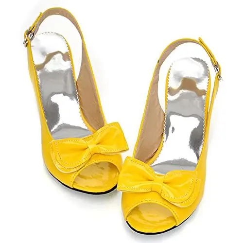 Produktbild: MJIASIAWA Damen Peep Toe Party Elegant Slingback Stiletto Bogen Pumps Abend Kitten Heel Comfy Hochzeit Pumps Gelb Gr 40 EU/41 Asiatisch