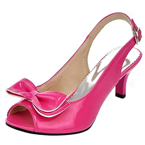 Produktbild: MJIASIAWA Damen Peep Toe Party Elegant Slingback Stiletto Bogen Pumps Abend Kitten Heel Comfy Hochzeit Pumps Rose-Rot Gr 46 EU/48 Asiatisch