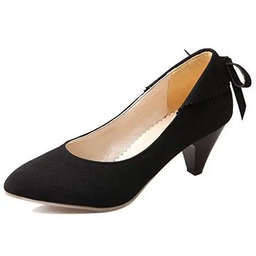 Produktbild: MJIASIAWA Damen Pointed Toe Elegant Ohne Verschluss Kitten Heel Brogue Bows Pumps Klassischer Cone Mitte Absatz Abend Kleid Comfy Schuhe Schwarz Gr 44 EU/46 Asiatisch
