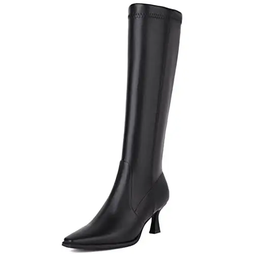Produktbild: MJIASIAWA Damen Pointed Toe Kitten Heel Knee Stretch Stiefel Mode Stiletto Winter Elegant Reitstiefel Reißverschluss Schwarz Gr 41 EU/43 Asiatisch