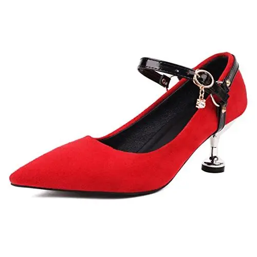 Produktbild: MJIASIAWA Damen Pointed Toe Kleid Kitten Heel Pumps Knöchelriemchen Elegant Mary Jane Abend Prom Mode Schuhe Rot Gr 45 EU/47 Asiatisch