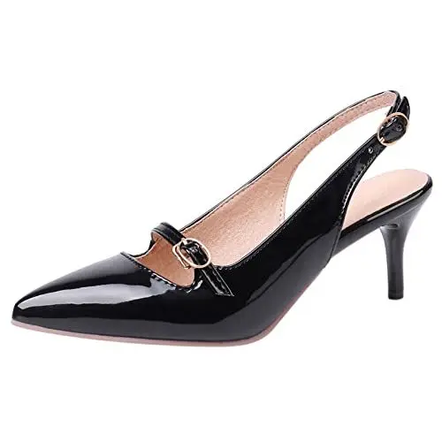 Produktbild: MJIASIAWA Damen Pointed Toe Kleid Stiletto Pumps Schnalle Slingback Buro Formal Kitten Heel Pumps Bridal Schwarz Gr 43 EU/45 Asiatisch