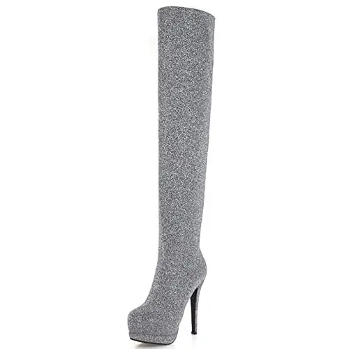 Produktbild: MJIASIAWA Damen Prom Overknees Warm Stiletto Plateau Stretch Stiefel Mens Oberschenkel Winter Party Oberschenkelhohe Stiefel Grau Gr 38 EU/39 Asiatisch