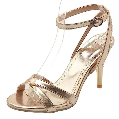 Produktbild: MJIASIAWA Damen Prom Stiletto Strappy Sandalen Peep Toe Party Knöchelriemchen Elegant Hochzeit Prom Sommer Schuhe Gold Gr 35 Eu