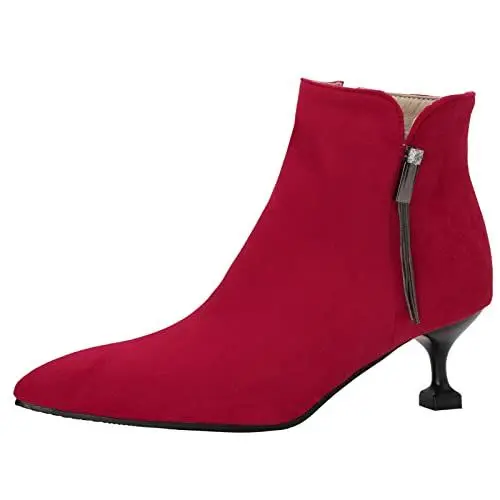 Produktbild: MJIASIAWA Damen Reißverschluss Chelsea Pointed Toe Buro Warm Kitten Heel Stiefeletten Comfy Prom Kleid Buro Mitte Absatz Winterstiefel Rot Gr 33 EU