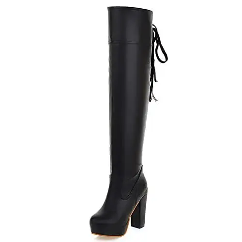 Produktbild: MJIASIAWA Damen Runde Zehen Chunky Heel Plateau Overknees Boots Runde Zehen Abend Warm Kleid Overknees Stiefel Ohne Verschluss Schwarz Gr 46 EU/48 Asiatisch