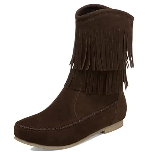 Produktbild: MJIASIAWA Damen Runde Zehen Winter Comfy Ohne Verschluss Klassischer Franse Kurz Flach Boots Leisure Gladiator Warm Quasten Halbschaft Stiefel Braun Gr 43 EU/45 Asiatisch