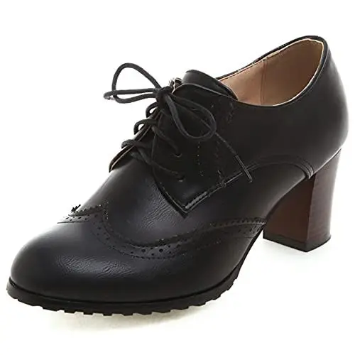 Produktbild: MJIASIAWA Damen Schnüren Closed Toe Leisure Klassischer Brogue Blockabsatz Pumps Buro Business Arbeit Formal Oxford Retro Schuhe Schwarz Gr 37 EU/38 Asiatisch