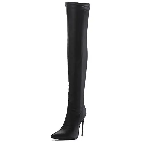 Produktbild: MJIASIAWA Damen Stretch Overknees Boots Pointed Toe Reißverschluss Winter Warm Stiletto Höhe Ferse Prom Mode Oberschenkelhohe Stiefel Schwarz-Pu Gr 44 EU/46 Asiatisch
