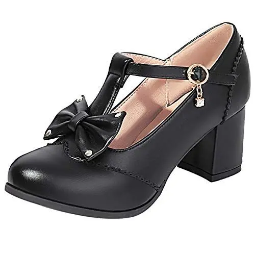 Produktbild: MJIASIAWA Damen T Strap Mary Jane Party Blockabsatz Pumps Bows Prom Runde Zehen Lovely Hochzeit Heel Pumps Damen Schwarz Gr 32 EU