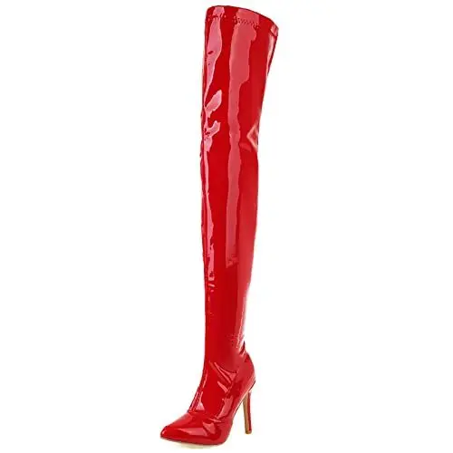 Produktbild: MJIASIAWA Damen Thigh Party Stiletto Pointed Toe Boots Reißverschluss Höhe Ferse Overknees Winter Party Warm Kleid Lack Boots Rot Gr 40 EU/41 Asiatisch