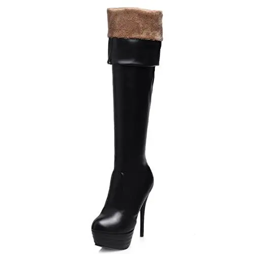 Produktbild: MJIASIAWA Damen Warm Overknees Ohne Verschluss Party Stiletto Boots Fell Lined Winter Runde Zehen Plateau Stretch Stiefel Schwarz/Hm Gr 41 EU/43 Asiatisch