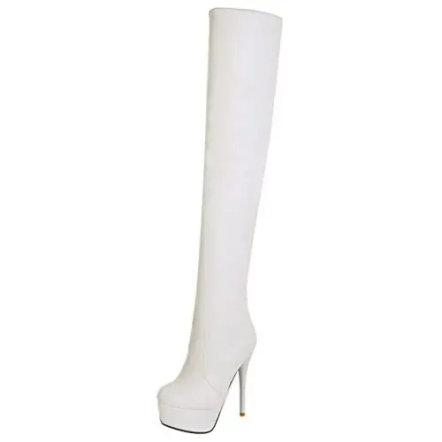 Produktbild: MJIASIAWA Damen Warm Thigh Stiletto Plateau Stretch Stiefel Ohne Verschluss Abend Mode Overknees Winterstiefel Kleid Weiß Gr 38 EU/39 Asiatisch