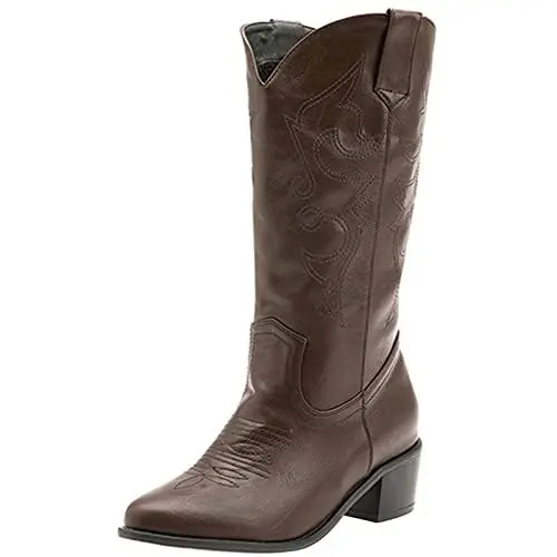 Produktbild: MJIASIAWA Damen Winter Halbschaft Cowboy Western Embroiderot Ohne Verschluss Boots Comfy Chunky Klassischer Riding Warm Hohe Stiefel Braun Gr 43 EU/45 Asiatisch