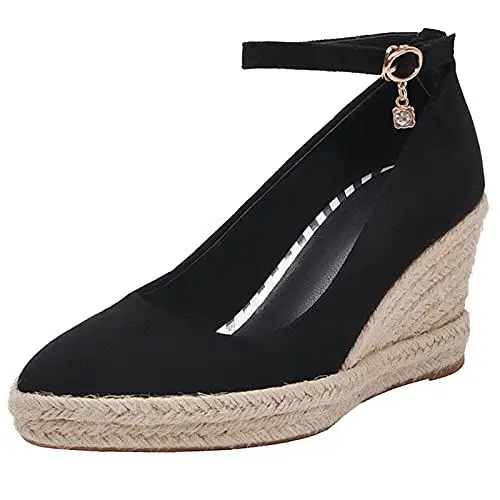 Produktbild: MJIASIAWA Espadrilles Damen Pointed Toe Plateau Keilabsatz Pumps Schnalle Mode Höhe Ferse Knöchelriemchen Pumps Schwarz Gr 35 EU