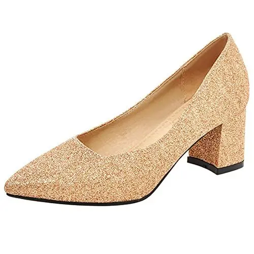 Produktbild: MJIASIAWA Hochzeit Blockabsatz Bride Pointed Toe Ohne Verschluss Glitzer Kleid Schuhe Elegant Mitte Absatz Komfort Damen Abend Pumps Gold Gr 40.5 EU/42 Asiatisch