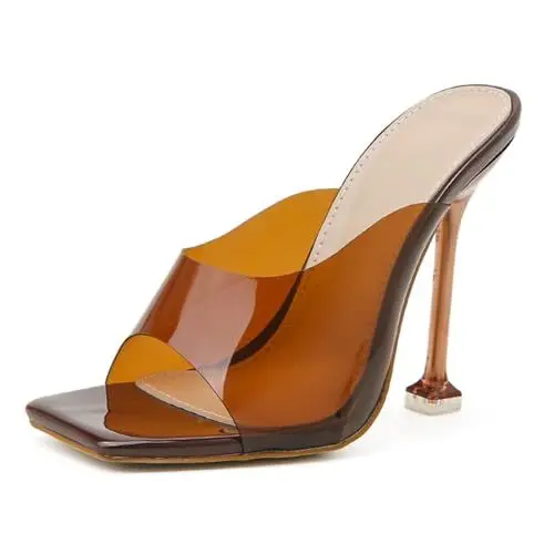 Produktbild: MJIASIAWA Hochzeit Pantoffeln Bride Offene Zeh Pantoletten Sandalen Transparent Party Elegant Stiletto Höhe Ferse Damen Pantoffeln Braun Gr 38 EU/39 Asiatisch
