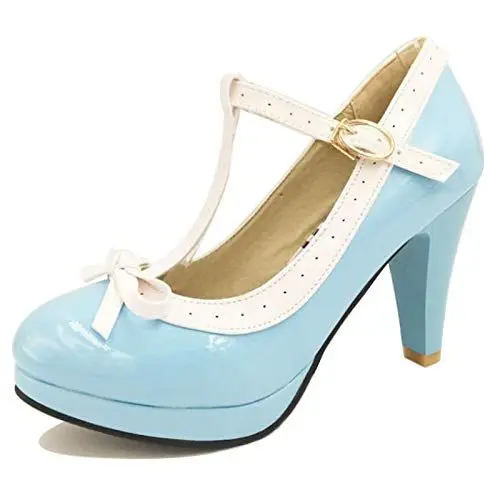 Produktbild: MJIASIAWA Höhe Ferse Mary Jane Damen T Strap Bridal Plateau Pumps Bows Closed Toe Bridesmaid Formal Kleid Schuhe Light-Blau Gr 45 EU/47 Asiatisch