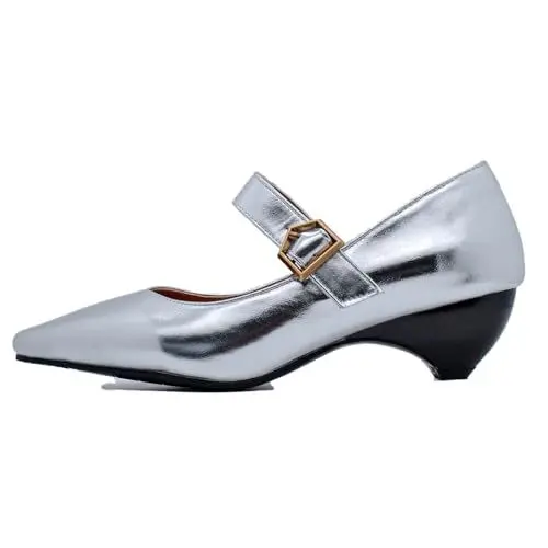 Produktbild: MJIASIAWA Kitten Heel Mary Jane Damen Party Hochzeit Kleid Pumps Knöchelriemchen Abend Elegant Pointed Toe Bride Klassischer Silber Gr 45 EU/47 Asiatisch