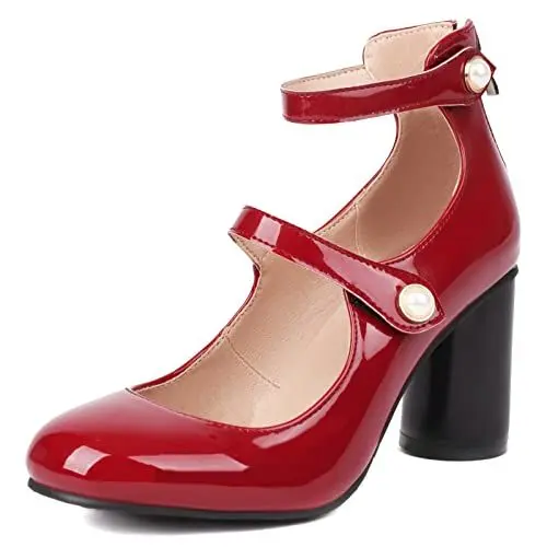 Produktbild: MJIASIAWA Lack Mary Jane Heel Damen Knöchelriemchen Pumps Runde Zehen Elegant Reißverschluss Block Schuhe Hochzeit Formal Kleid Rotwein Gr 44 EU/46Cn Asiatisch