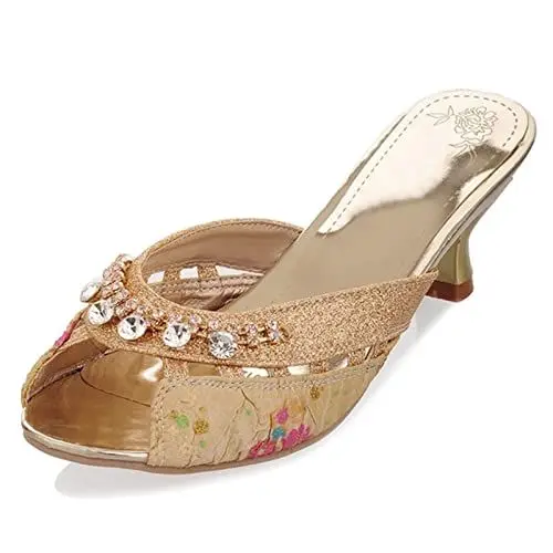 Produktbild: MJIASIAWA Peep Toe Sandalen Damen Kitten Heel Pantoletten Pantoffeln Ohne Verschluss Sommer Strand Schuhe Mitte Absatz Pantoffeln Studded Gold Gr 40 EU/41 Asiatisch