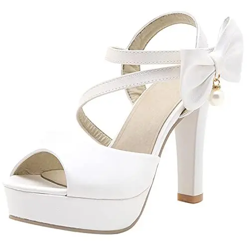 Produktbild: MJIASIAWA Plateau Höhe Ferse Damen Peep Toe Knöchelriemchen Bows Hochzeit Sandalen Elegant Bride Formal Kleid Schuhe Weiß Gr 36 EU
