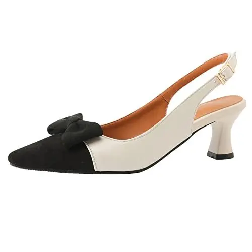 Produktbild: MJIASIAWA Slingback Kitten Heel Damen Formal Pointed Toe Schuhe Zweifarbig Elegant Bride Hochzeit Mitte Absatz Pumps Bogen Beige Gr 43 EU/45Cn Asiatisch