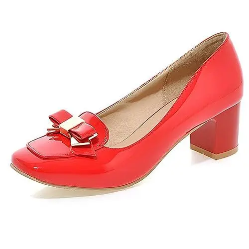 Produktbild: MJIASIAWA Square Toe Loafers Damen Lack Blockabsatz Bogen Schuhe Weit Fit Hochzeit Ohne Verschluss Mode Pumps Formal Kleid Rot Gr 40 EU/41Cn Asiatisch