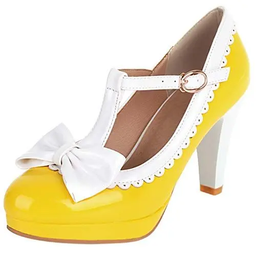 Produktbild: MJIASIAWA T Strap Mary Jane Damen Closed Toe Bows Plateau Höhe Ferse Pumps Hochzeit Party Abend Kleid Bride Schuhe Gelb Gr 37 EU/38 Asiatisch