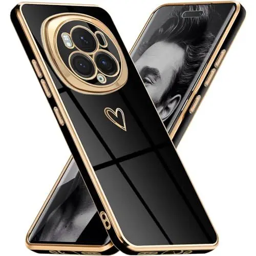 Produktbild: Mkej Glitzernde Handyhülle Für Honor Magic 6 Pro 5G Hülle mit Kameraobjektivschutz, Herz Love Design Galvanik Stoßfeste Dünne TPU Silikon Schutzhülle für Honor Magic 6 Pro 5G, Schwarz Gold