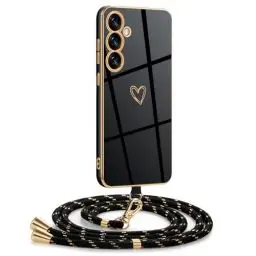 Produktbild: Mkej Hülle Kompatibel mit Samsung Galaxy A55 5G Hülle mit Band, Galvanik Silicone Handyhülle mit Herz Love Design, Abnehmbar und einstellbar Handykette für Samsung A55 5G - Case in Schwarzes Gold
