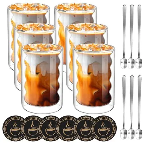 Produktbild: Mkitnvy 6er Set Latte Macchiato GläSer,350ML Doppelwandige GläSer mit 6 Löffeln und 6 Untersetzern, ThermogläSer Doppelwandig aus Borosilikatglas für Cappuccino,Latte,Tee,EIS,Eistee,Iced Americano