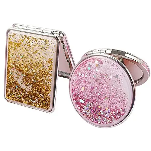 Produktbild: Mlysnd Taschenspiegel, 2 Stücke Taschenspiegel Klappbar Mini Schminkspiegel Tragbarer Taschenspiegel, Klein, Doppelseitig, Runde, Quadratische (Rosa, Gold)