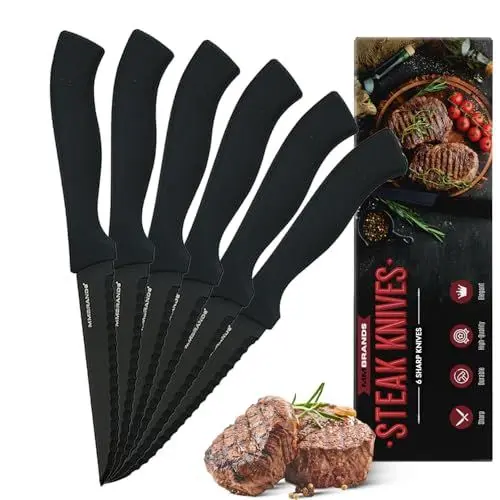Produktbild: MM Brands Steakmesser Set 6 Teilig - Steakbesteck Carbon Edelstahl mit Gezackten Klingen - Küchenmesser Set Ergonomischen Griffen, Messerset Spülmaschinenfest Küchenmesser für Mühelose Reinigung