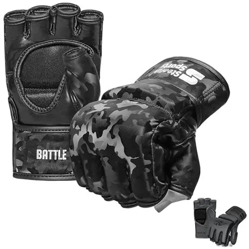 Produktbild: MMA-Handschuhe für Männer und Frauen, 12 mm Dickes PU-Leder, Grappling-Handschuhe, Muay Thai, Kickboxen, Sparring, Boxsack, Boxtraining, Käfigkampf, Kampfsport (Camo, M)