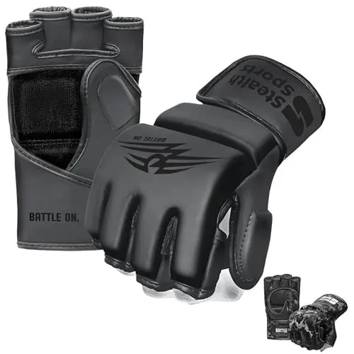 Produktbild: MMA-Handschuhe für Männer und Frauen, 12 mm Dickes PU-Leder, Grappling-Handschuhe, Muay Thai, Kickboxen, Sparring, Boxsack, Boxtraining, Käfigkampf, Kampfsport (Matt Black, S)