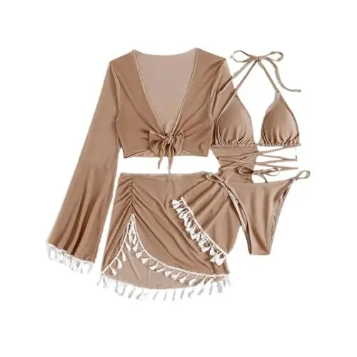 Produktbild: MMOOVV 2024 Damen Split-Badeanzug, solide Quasten, eleganter Bikini-Anzug, Badeanzug, vierteiliges Set Stickereien (Coffee, L)