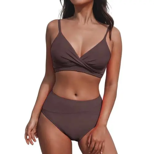 Produktbild: MMOOVV Damen-Badeanzug-Set, einfarbig, modisch, lässig, Träger, Triangel-Bikini Retro Bikini Große Größen (Coffee, S)