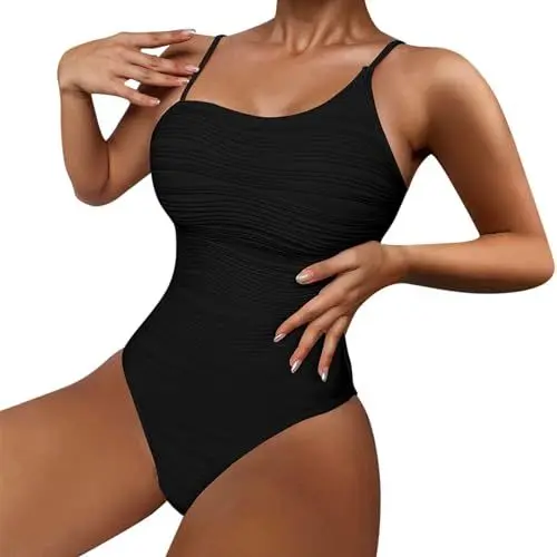Produktbild: MMOOVV Damen-Badeanzug mit einfarbigem, Strukturiertem Bauch und schmalem Schnitt Umstands Bikini Damen (Black, M)