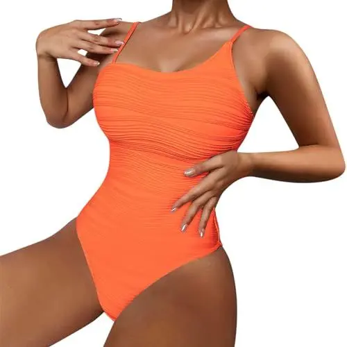 Produktbild: MMOOVV Damen-Badeanzug mit einfarbigem, Strukturiertem Bauch und schmalem Schnitt Umstands Bikini Damen (Orange, XL)