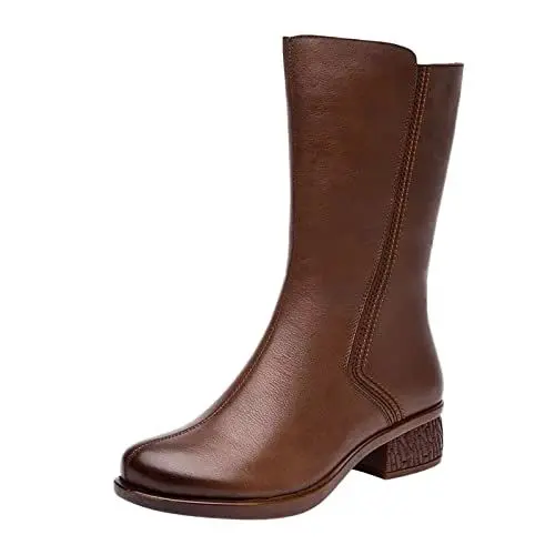 Produktbild: MMOOVV Damen Samtschuhe Stiefel Farbe Reißverschluss Halbabsatz Dicke Damenstiefel Damen Schuhe (Brown, 39)